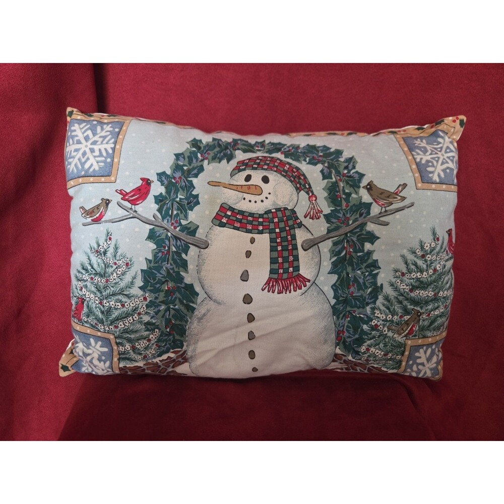 Vintage Winter Throw Pillow Christmas Tree Snowman Cardinals Holly Rectangle